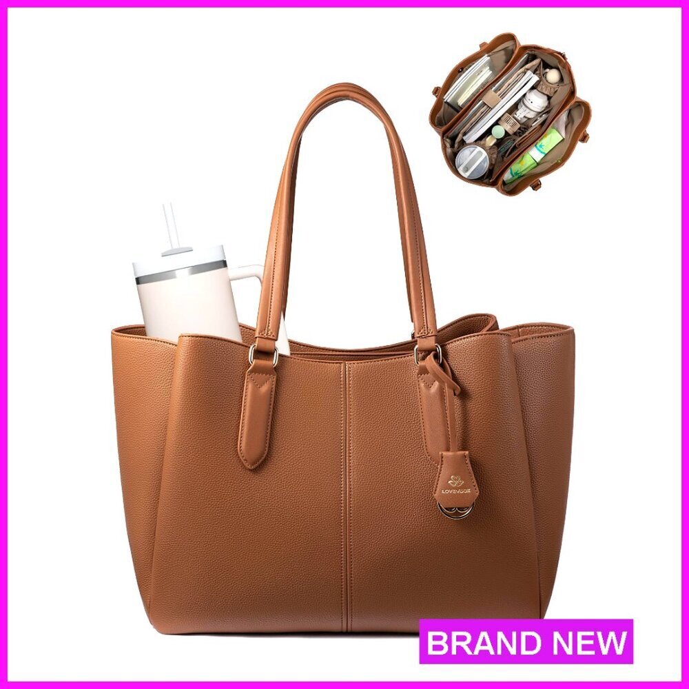 15.6 Inch Laptop Tote Bag Triple Compartments Faux Leather Work Briefcase